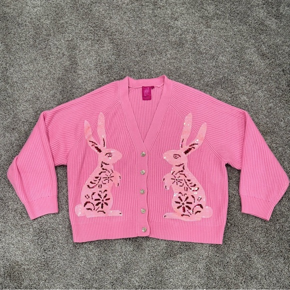 QUEEN OF SPARKLES Pink Bunny Cardigan Large - Picture 2 of 4